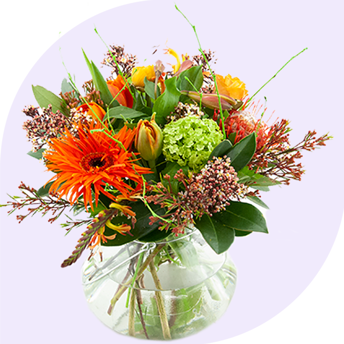 Baner voorjaarsboeket in vaasje in de kleur oranje